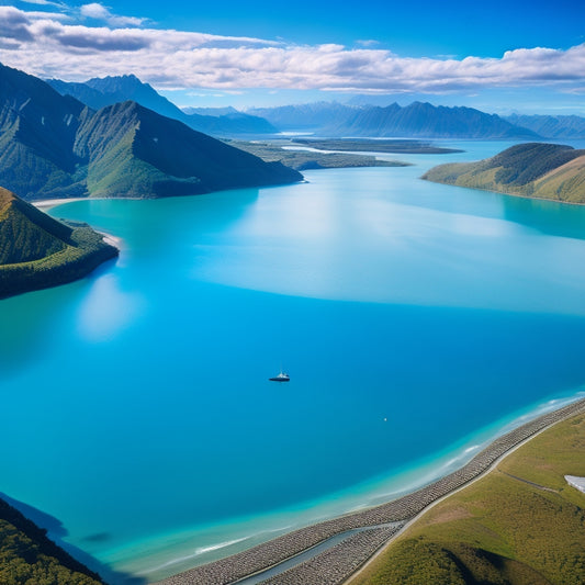 A serene aerial view of New Zealand's coastline, with vibrant turquoise waters, lush green forests, and snow-capped mountains in the distance, featuring a subtle, glowing fishing net pattern overlay.