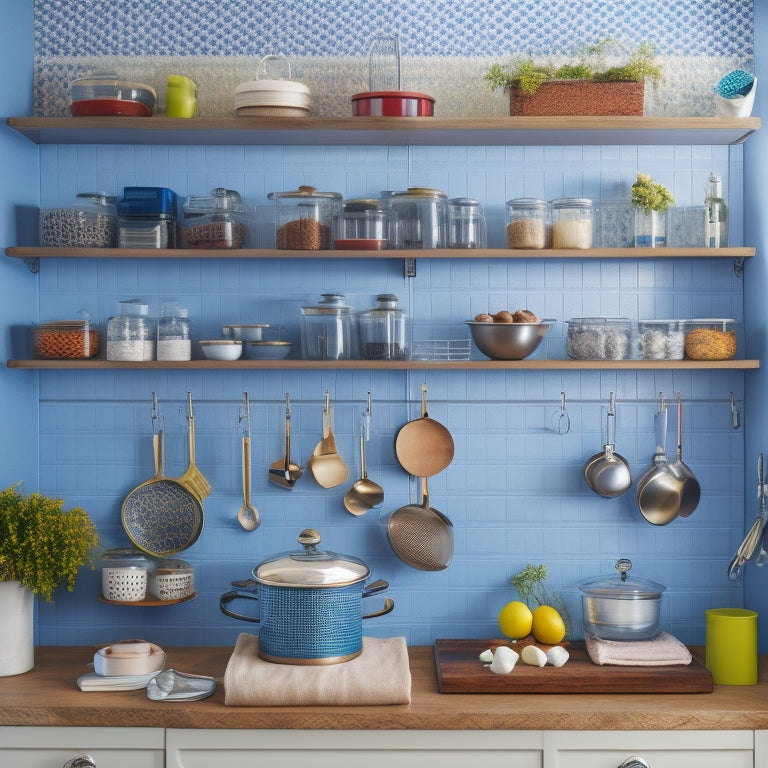 A tidy kitchen with a mix of open and closed storage solutions, featuring a pegboard with hanging utensils, a tiered spice rack, and a carousel corner cabinet with gleaming cookware.