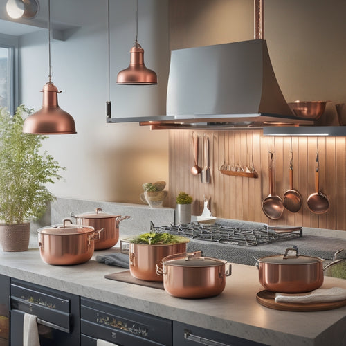 A sleek kitchen with a modern ceiling-mounted pot rack, showcasing gleaming copper and stainless steel pots and pans. Soft lighting enhances the contemporary design, while a chef prepares ingredients below, surrounded by culinary tools.