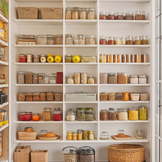 A well-organized pantry featuring labeled glass jars filled with grains, colorful spices in neat rows, stackable bins for snacks, and a small herb garden on the shelf, all arranged with natural light illuminating the space.
