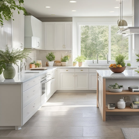 A bright, airy kitchen with plentiful natural light, featuring a large island with a built-in sink and plenty of counter space, surrounded by sleek, modern appliances and lush greenery.