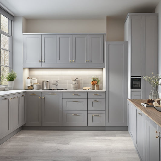 A narrow kitchen with sleek, handleless cabinets in a soft gray tone, featuring a mix of horizontal and vertical storage units, with a small island in the center and a window above the sink.