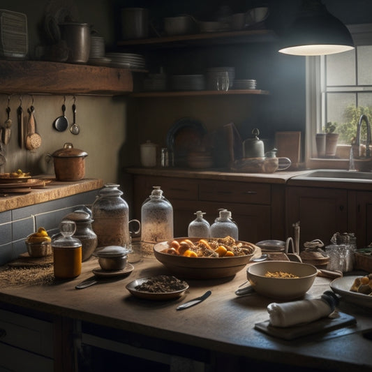 A dimly lit kitchen with countertops cluttered with kitchen gadgets, utensils, and open cookbooks, surrounded by dirty dishes, crumbs, and spills, with a faint outline of a calendar on the wall in the background.