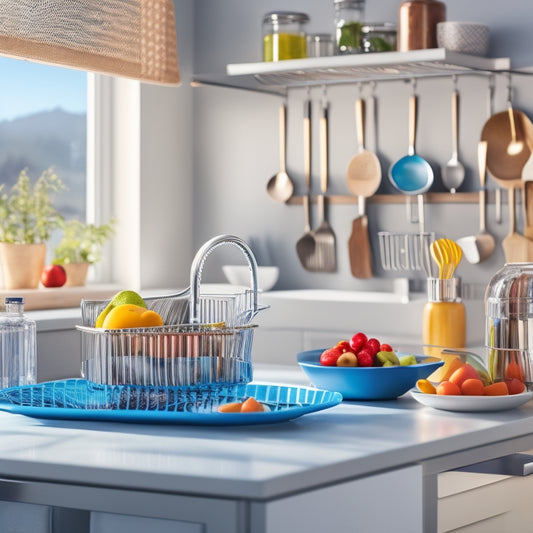 A modern kitchen scene featuring a sleek, chrome expandable dish rack filled with sparkling clean dishes and a stylish utensil holder brimming with colorful cooking tools, all set against a bright, sunlit countertop.