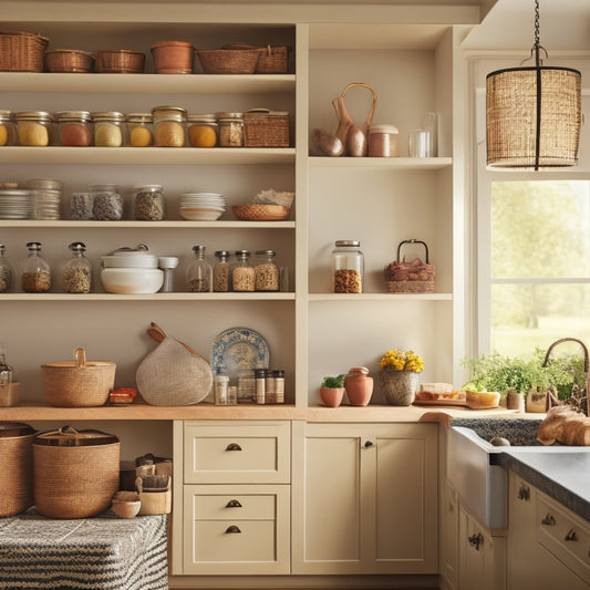 A well-organized kitchen with open cabinets showcasing stacked dishes, labeled jars, pull-out shelves with spices, and hanging pots, all bathed in warm, inviting light, creating a sense of efficiency and style.