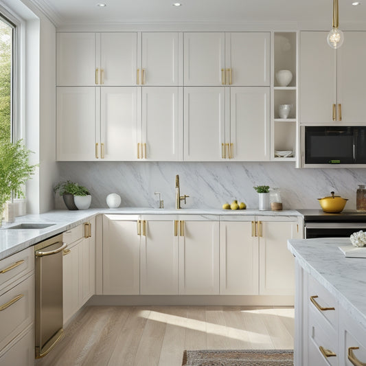 A modern kitchen showcasing a stylish corner cabinet with sleek, matte white finish, integrated lighting illuminating open shelves, surrounded by stainless steel appliances and a marble countertop, creating a harmonious, functional space.