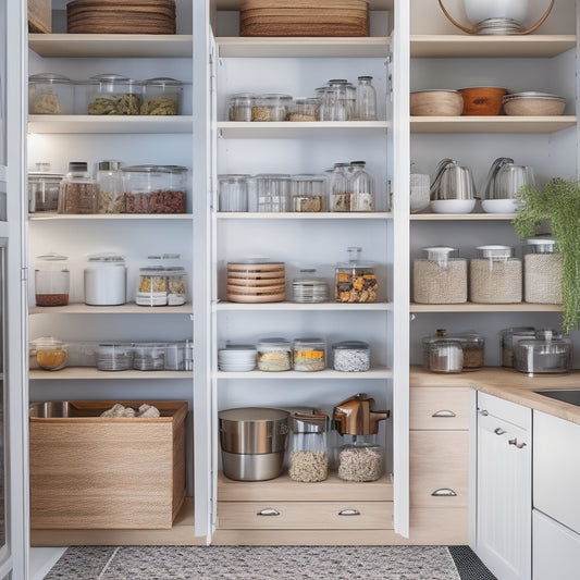 A well-organized kitchen cabinet showcasing tiered spice racks, pull-out shelves filled with pots and pans, clear bins for snacks, and a lazy Susan for condiments, all against warm wood cabinetry and soft lighting.