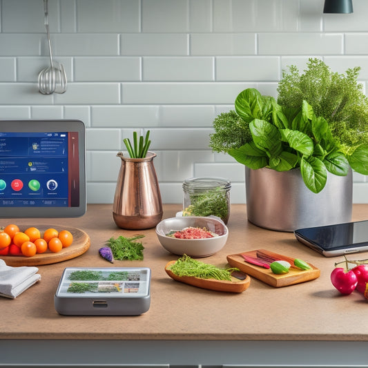 A clutter-free kitchen countertop with a sleek tablet and a smartphone displaying a digital kitchen organization app, surrounded by neatly arranged kitchen utensils and a few fresh herbs.