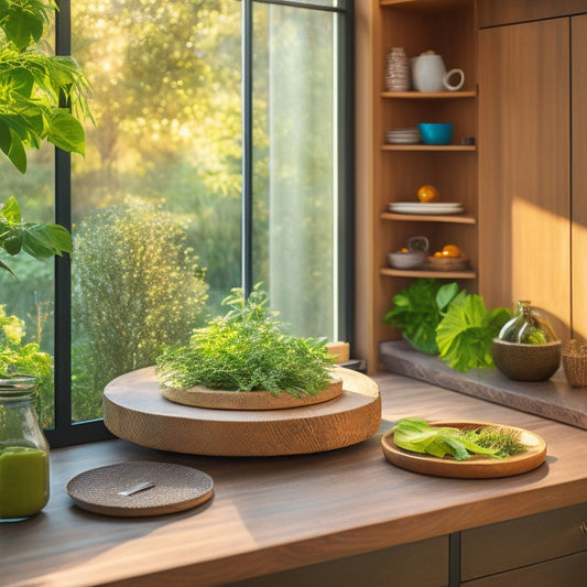 A beautifully crafted wooden Lazy Susan cabinet, adorned with lush green plants, set in a sunlit, eco-friendly kitchen featuring bamboo countertops, recycled glass tiles, and natural light streaming through large windows.