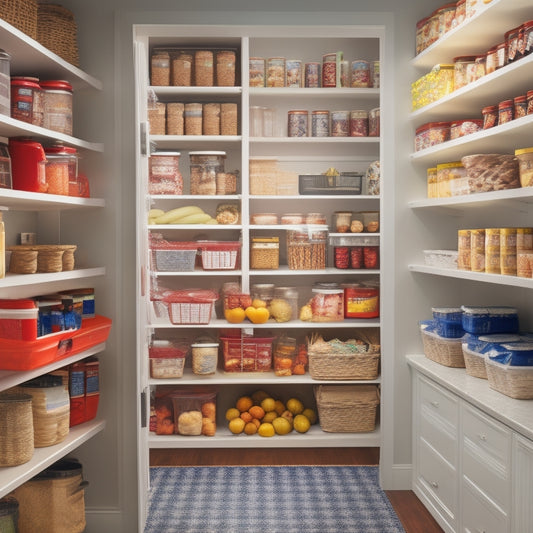A brightly lit pantry with labeled baskets, stacked cans, and a tiered shelf system, alongside an organized freezer with color-coded bins and a frost-free interior.