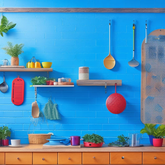 A vibrant kitchen scene featuring a vertical pegboard filled with colorful kitchen tools, pots, and utensils neatly arranged. Include hanging herbs, small potted plants, and a wooden countertop with minimalist decor for an organized look.