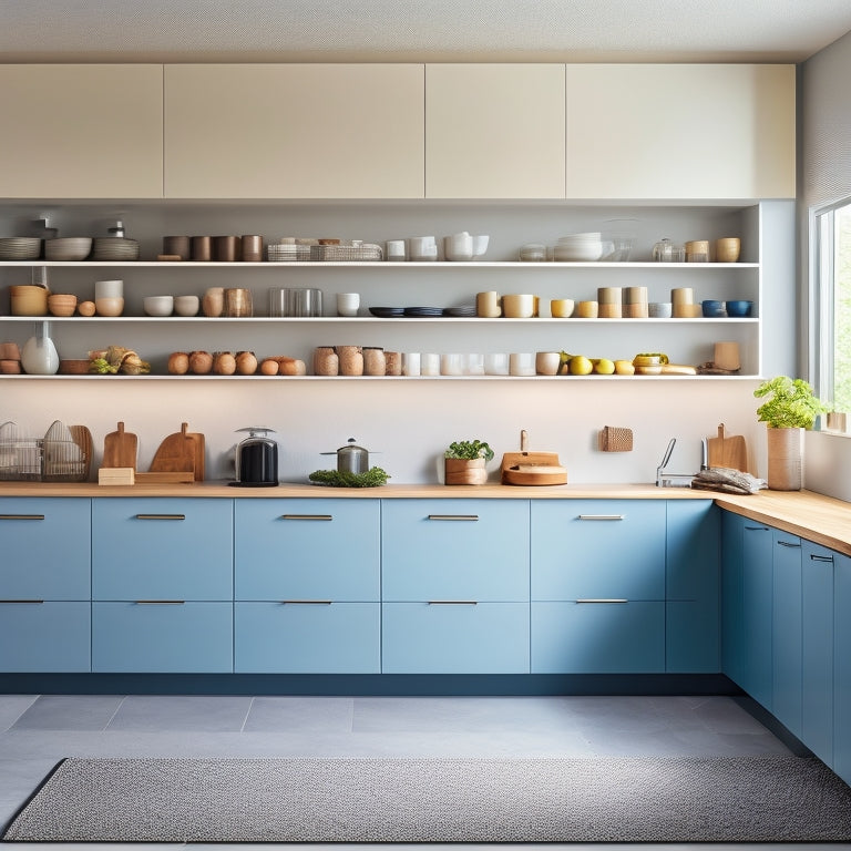 A clutter-free, minimalist kitchen with a mix of open and closed storage solutions, including a wall-mounted pegboard, a sleek island with drawers, and a floor-to-ceiling cabinet with glass doors.