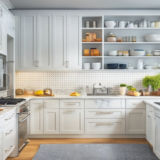 A bright, modern kitchen with sleek white cabinets, a large center island, and stainless steel appliances, featuring a pegboard with utensils and a built-in spice rack, surrounded by ample counter space and a few open drawers.