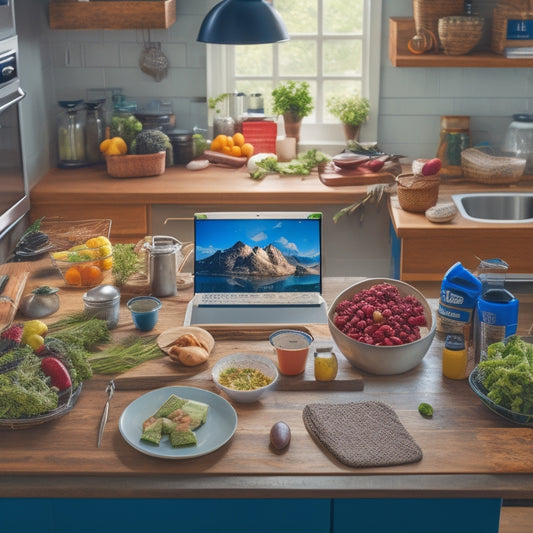 A cluttered kitchen with overflowing countertops, scattered utensils, and a messy island, juxtaposed with a serene background of organized digital devices, tablets, and laptops, with tidy virtual kitchen tools and recipes.