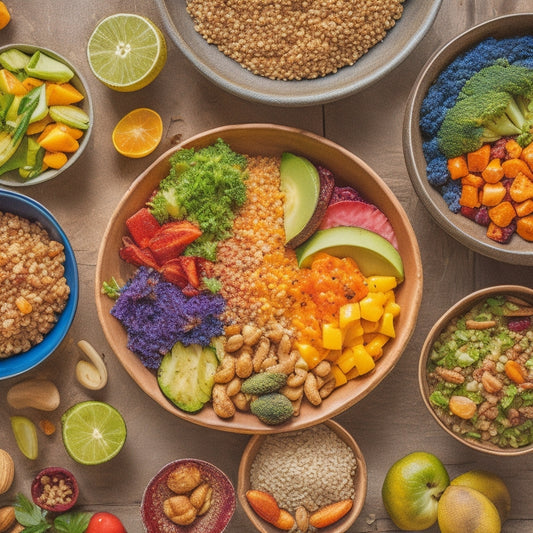 A vibrant, overhead shot of a colorful vegan bowl paradise: a variety of bowls filled with quinoa, roasted vegetables, fresh fruits, and nuts, arranged artfully on a natural wood table.