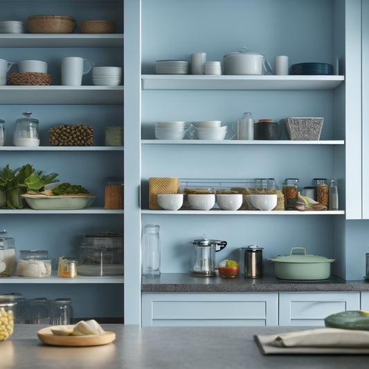 A modern kitchen cabinet interior featuring neatly arranged adjustable shelf inserts, showcasing various sized containers and dishes, with vibrant colors and textures. Soft lighting highlights the organization and functionality of the space.