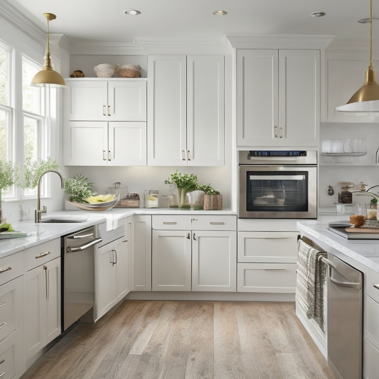 A modern kitchen with cream-colored cabinets, stainless steel appliances, and a centered island, featuring a partially open drawer with a pullout organizer and a hand reaching in to grab a utensil.