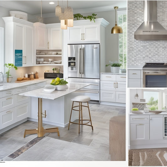 A modern kitchen with sleek, white cabinets, quartz countertops, and stainless steel appliances, featuring a laptop open to a kitchen design software on the island, surrounded by design inspiration boards and color swatches.