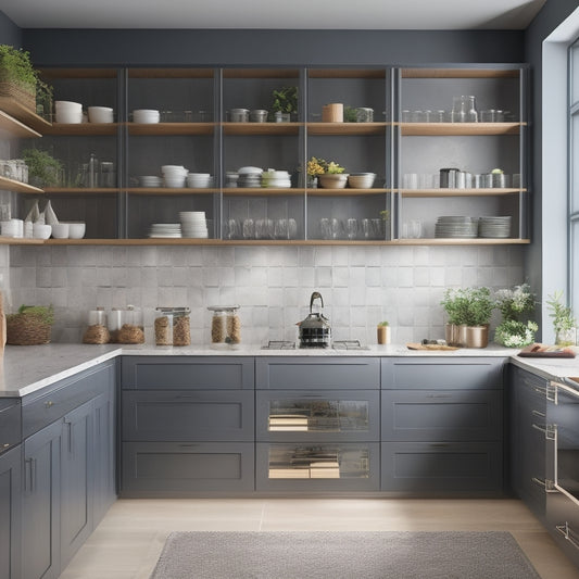 A sleek, modern modular kitchen featuring stylish cabinetry with integrated pull-out organizers, vibrant spices in labeled jars, utensils neatly arranged in compartments, and a spacious countertop adorned with fresh herbs and contemporary cookware.