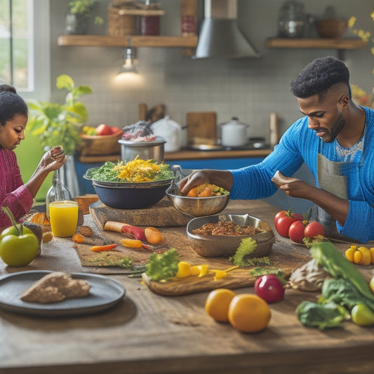 A vibrant kitchen scene with a wooden island, utensils, and ingredients, featuring a young adult enthusiastically chopping fresh vegetables, surrounded by open cookbooks and scattered recipe notes.