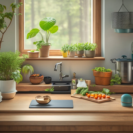 A clutter-free kitchen desk with a laptop placed on a wooden tray, surrounded by a few well-organized kitchen utensils, a small potted plant, and a minimalist kitchen backdrop with a large window.