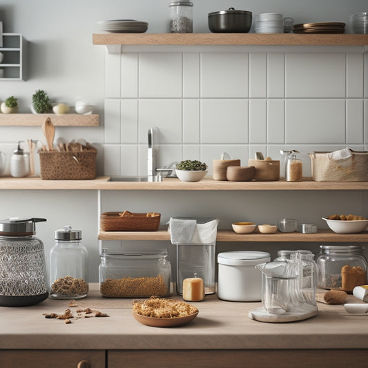 A tidy kitchen counter with a few, strategically placed, stylish storage bins in various shapes and sizes, holding utensils, spices, and snacks, amidst a clean and minimalistic background.