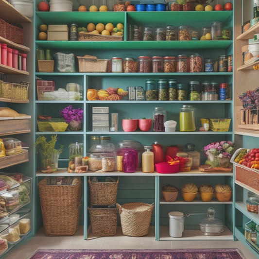 A colorful, organized pantry with open shelves, showcasing a variety of staple foods, fresh produce, and household essentials, with a wire basket and a few strategically placed kitchen utensils.