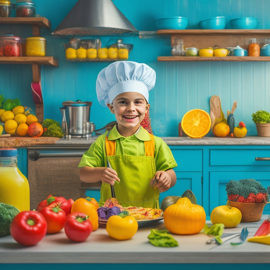 An illustration of a smiling cartoon kid in a chef's hat, standing at a kitchen counter surrounded by colorful fruits and vegetables, with a worksheet and pencil nearby, amidst a subtle background of kitchen utensils and appliances.