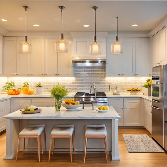 A bright, modern kitchen with layered lighting: recessed ceiling lights, pendant lights above a central island, and under-cabinet LED strips, highlighting a sleek, white quartz countertop and stainless steel appliances.
