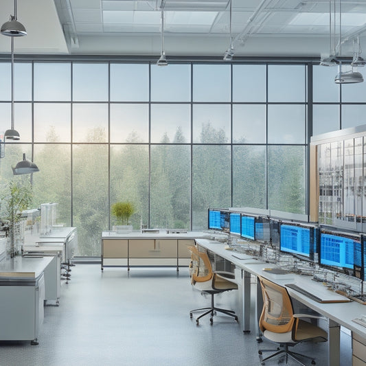 A modern laboratory interior with rows of sleek workstations, state-of-the-art equipment, and large windows with natural light, surrounded by walls adorned with diagrams and flowcharts.