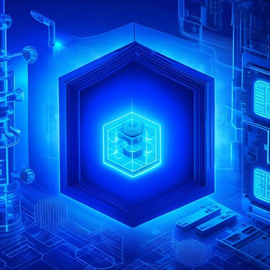 A futuristic, minimalist illustration featuring a glowing blue file being shared between two abstract, interconnected nodes, surrounded by orbiting locks, gears, and customizable puzzle pieces.
