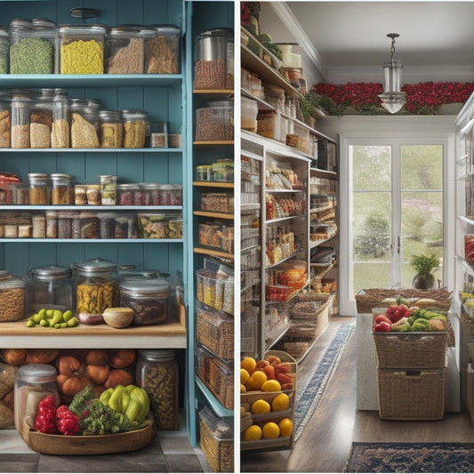 A split-screen image featuring a cluttered kitchen pantry on the left, with expired food and disorganized shelves, and a tidy, well-organized pantry on the right, with labeled containers and fresh produce.
