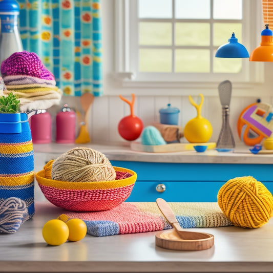 A bright and cheerful kitchen setting featuring a mix of Retro Kitchen Collection yarn balls, balls of yarn unraveling to form a miniature kitchen utensils and appliances, surrounded by vintage-inspired kitchenware.