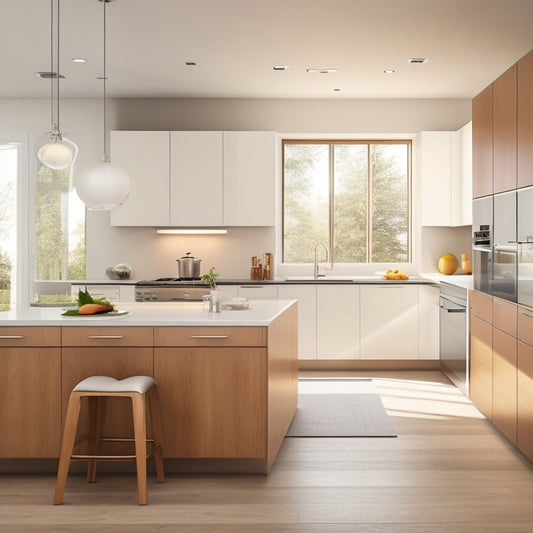 A sleek, modern kitchen with polished chrome accents, minimalist cabinetry, and a spacious island featuring a built-in cooktop, surrounded by a blurred background of soft, creamy whites and warm wood tones.