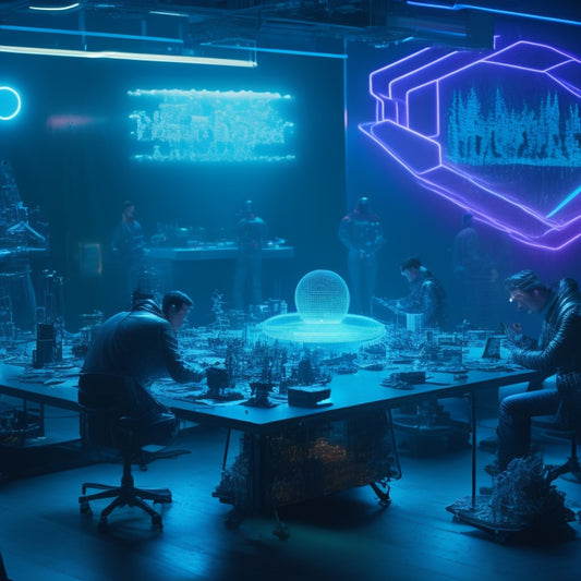 A futuristic, neon-lit workshop filled with extraterrestrial beings gathered around holographic design tables, surrounded by floating, glowing blueprints and scattered, colorful, swirling patterns of alien script.