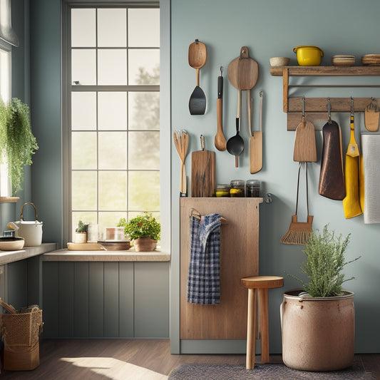 A stylish kitchen scene showcasing a wooden over-the-door utensil rack brimming with colorful kitchen tools, herbs in pots, and a vibrant apron hanging nearby, all bathed in warm, natural light.