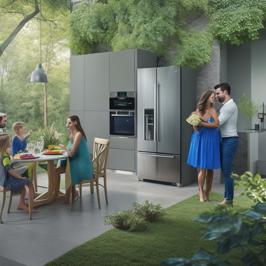 A modern, sleek kitchen with Samsung's cutting-edge appliances, including a smart refrigerator, induction cooktop, and oven, surrounded by lush greenery and a blurred background of a happy family enjoying a meal together.