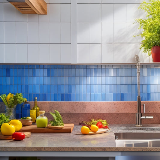 A sleek, modern kitchen featuring a wooden magnetic knife holder mounted on a vibrant tile backsplash, showcasing an array of colorful kitchen knives, fresh herbs in a vase, and bright sunlight streaming in.