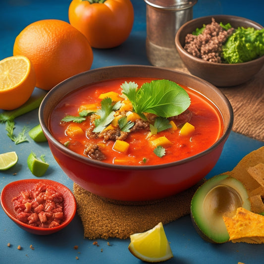 A steaming hot pot of vibrant orange soup with chunks of ground beef, diced tomatoes, and kidney beans, garnished with a sprinkle of shredded cheese, diced avocado, and a few fresh cilantro leaves.