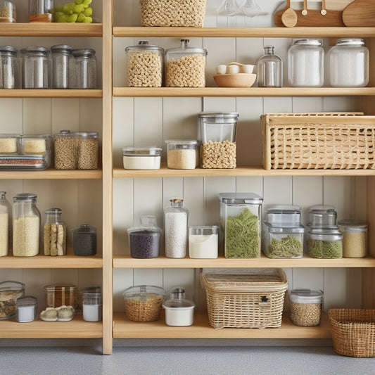 A bright kitchen scene featuring various affordable cabinet organizers: colorful plastic bins, bamboo dividers, clear stackable containers, and a spice rack, all neatly arranged in a well-organized cabinet with soft natural light.