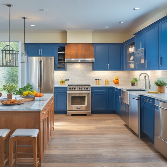 A bright, modern kitchen with a large, L-shaped island featuring cabinets with soft-close drawers, a built-in cooktop, and a hardwood countertop, surrounded by sleek appliances and pendant lighting.