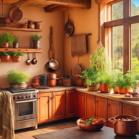 A cozy kitchen with rustic wooden beams, featuring an elegant ceiling pot rack adorned with shiny copper pots and pans, surrounded by vibrant herbs in terracotta pots and warm sunlight streaming through a window.