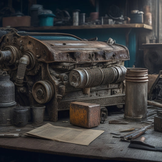 A worn, rusty old car engine in the foreground, with a Haynes Manual lying open on a workbench in the background, surrounded by scattered tools and parts.