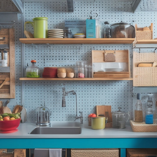 A clutter-free tiny kitchen with a pegboard on the wall, holding various cookbooks and utensils, and a slide-out cookbook shelf beneath a kitchen counter, with a few cookbooks stacked vertically.