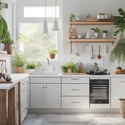 A bright, modern kitchen with sleek white cabinets, a large island, and a pegboard with neatly hung utensils, surrounded by a few potted plants and a subtle natural light glow.