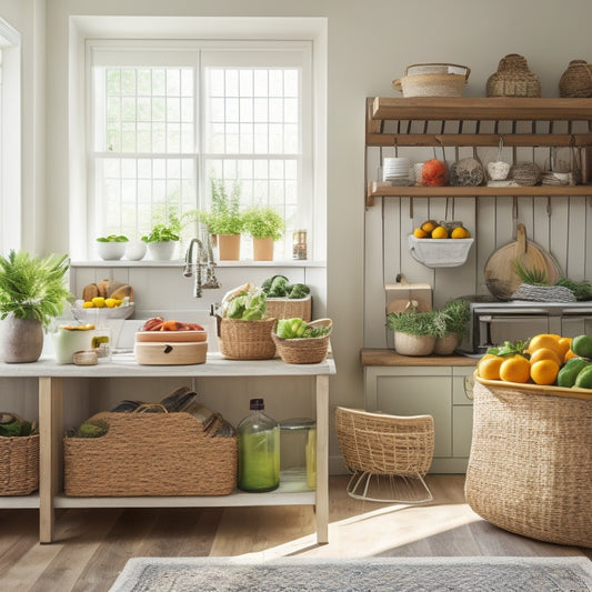A bright, clutter-free kitchen with a wooden table at its center, surrounded by clever storage solutions, a utensil organizer, and a few strategically placed baskets, with a few fresh vegetables and fruits on display.