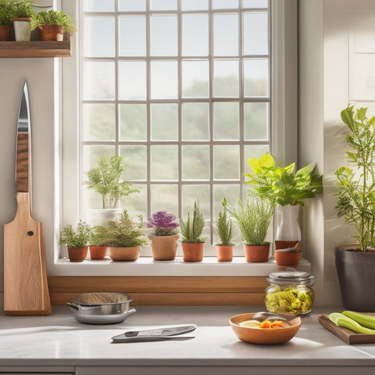 A sleek kitchen interior featuring a polished wooden magnetic knife strip mounted on a white tile wall, showcasing an array of colorful knives, herbs in pots, and a sunlit window with greenery outside.