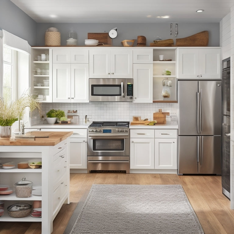 A bright, modern kitchen with crisp white cabinets, warm wood accents, and sleek stainless steel appliances, featuring a pegboard with hanging utensils, a pull-out pantry, and a tiered island with built-in storage.