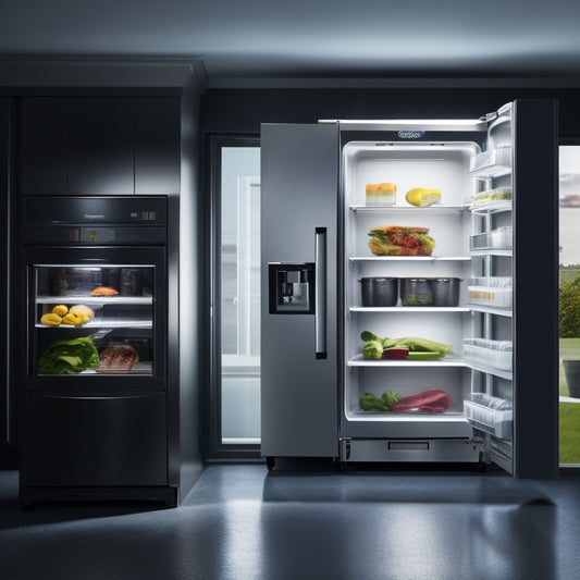 A sleek, stainless steel commercial kitchen refrigerator stands against a gray background, its doors open to reveal shelves stocked with fresh produce, meats, and dairy products, illuminated by soft LED lighting.