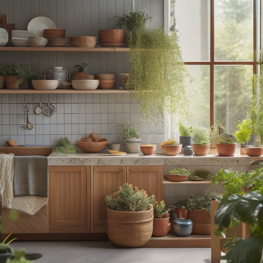 A cozy kitchen featuring sleek, foldable wooden shelves adorned with colorful ceramic dishes and potted herbs, maximizing vertical space, with soft lighting casting warm shadows and a small window revealing a sunny garden outside.